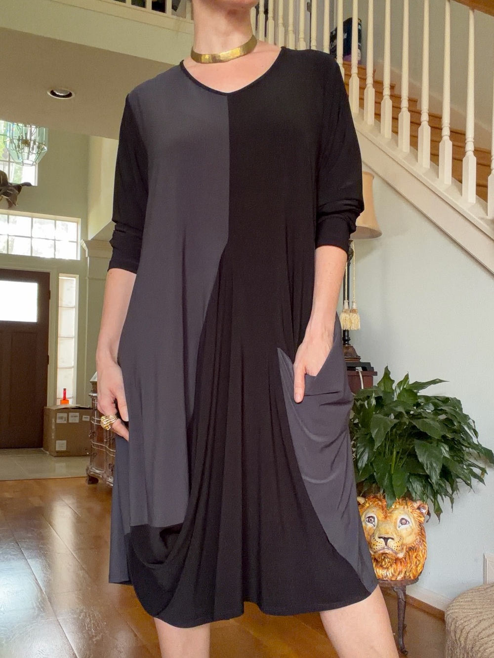 SUN KIM Black Gray Colorblock Asymmetric Dress Lagenlook Avant Garde 1X